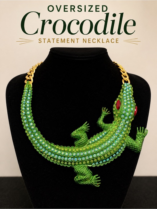 Unbranded Jewelry - Oversized Green Rhinestone Crocodile Alligator Statement Necklace on Gold Chain